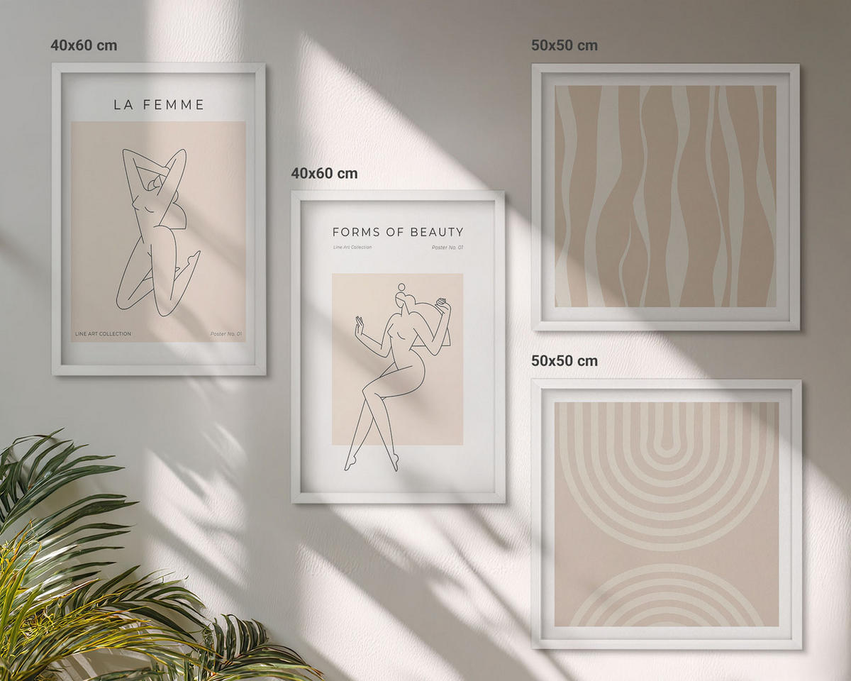 BILDER SET 4er Set - 50x50 cm & 40x60 cm Weißer Rahmen - Eine Sammlung minimalistischer Formen - Weiß, Kunststoff (50/50cm) - TULUP