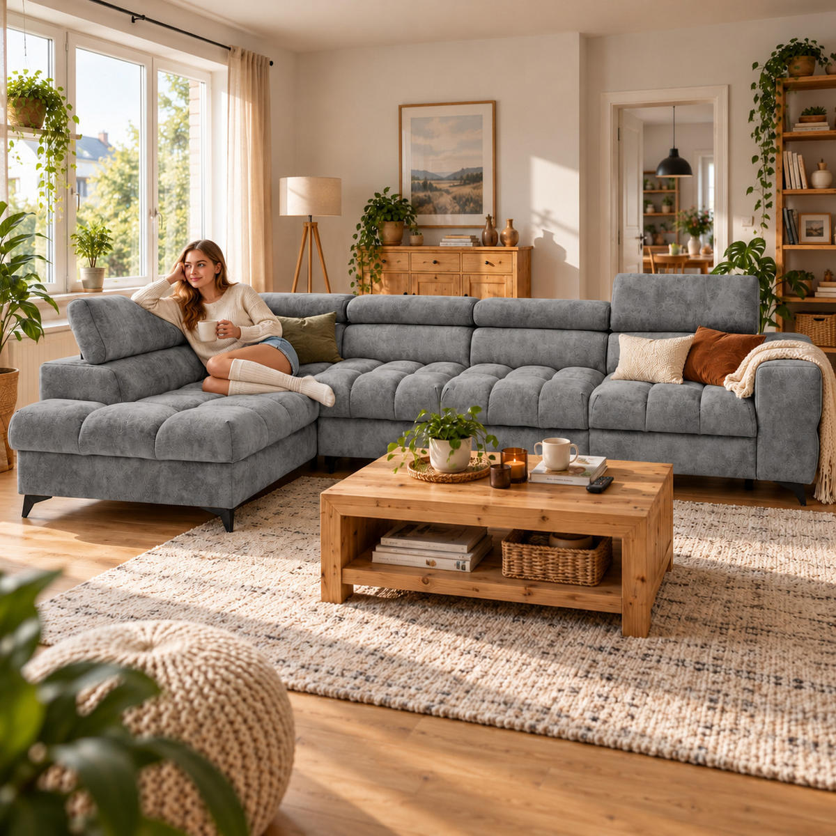 ECKSOFA PUDDING MAXI L Links mit Schlaffunktion 125x195 Velours Grau - Schwarz/Grau, Holz/Textil (350/203cm) - Muffo