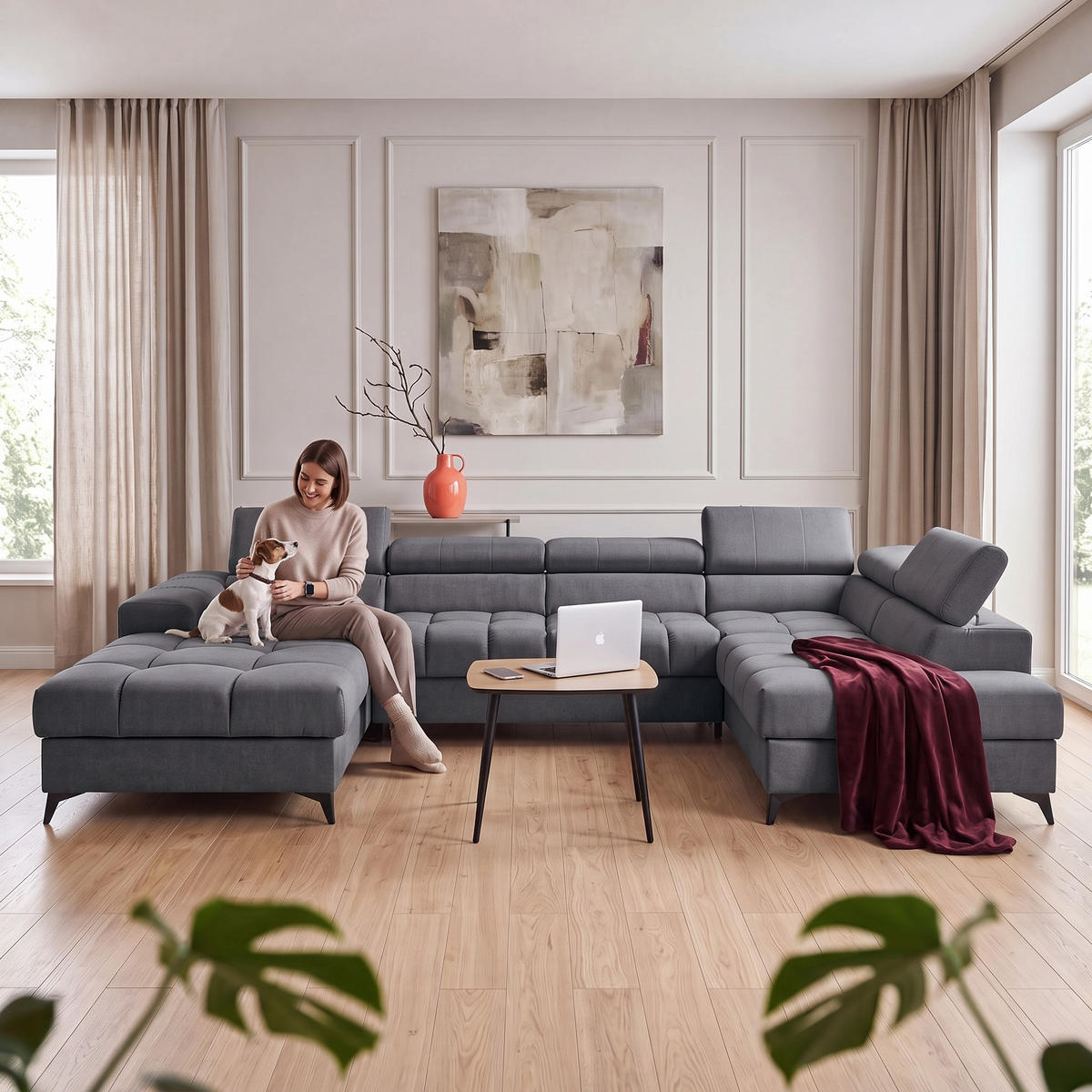 ECKSOFA PUDDING U Links mit Schlaffunktion 125x260 Velours Dunkelgrau - Dunkelgrau/Schwarz, Holz/Textil (203/350cm) - Muffo