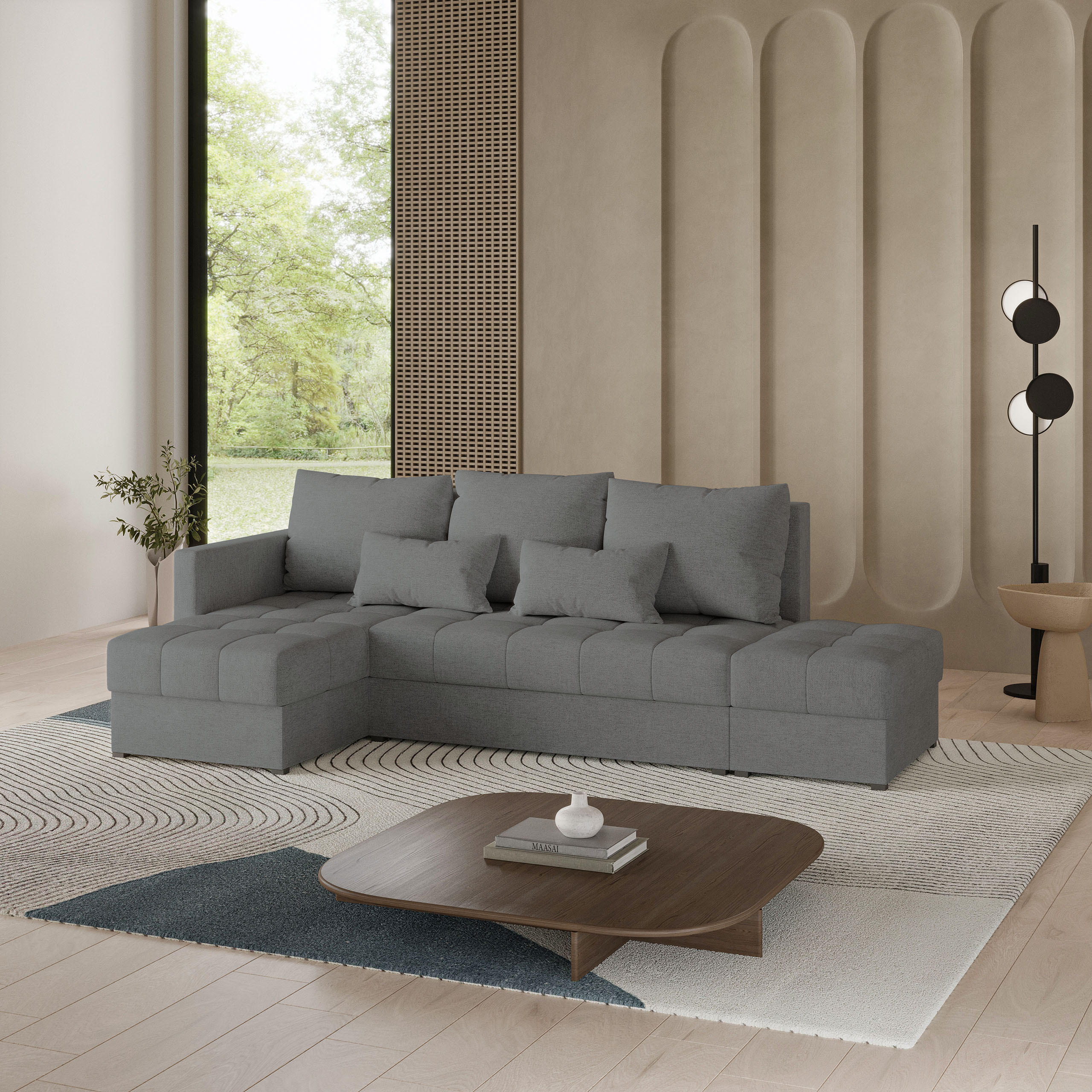 ECKSOFA LUMARI L-S Grau Plüsch-Stoff mit Schlaffunktion - Grau, Holz (262/143cm) - MASSENO