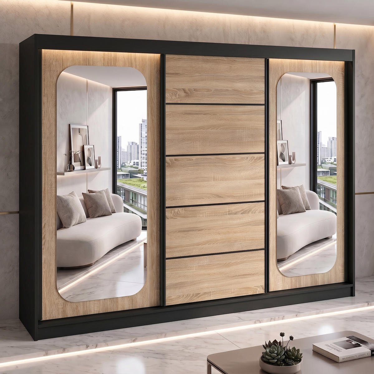 SCHWEBETÜRENSCHRANK BELANO 200 cm. Innenausstattung: Comfort plus - Schwarz/Braun, Holzwerkstoff (200/215/59.5cm) - A&J MöbelLand