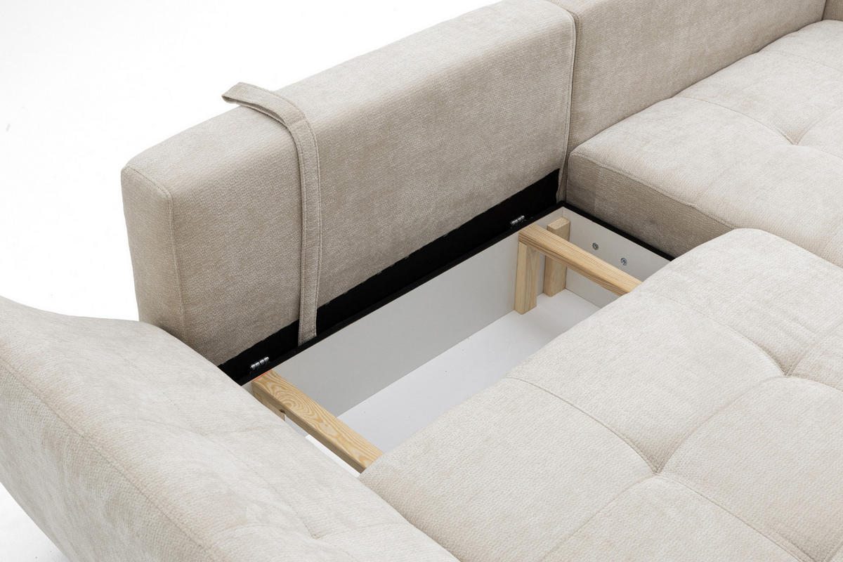 ECKSOFA NICE L Rechts mit Schlaffunktion 137x204 Chenille Beige - Beige/Schwarz, Holz/Textil (165/260cm) - Muffo