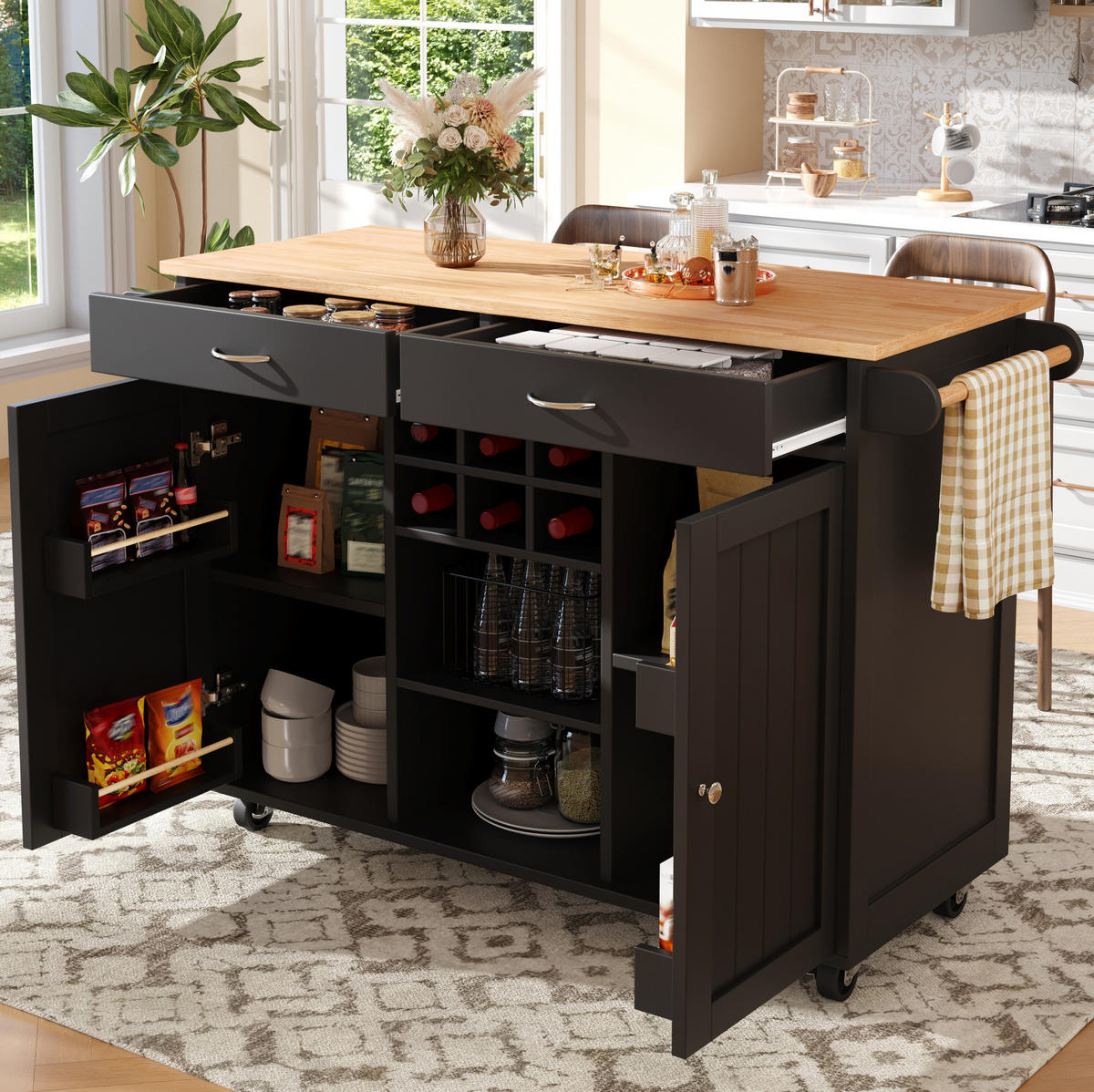 KÜCHENINSEL 102/92/45 cm Schwarz aus MDF und Metall mit Rollen - Schwarz, Holzwerkstoff (45/92/102cm) - OKMYHOME