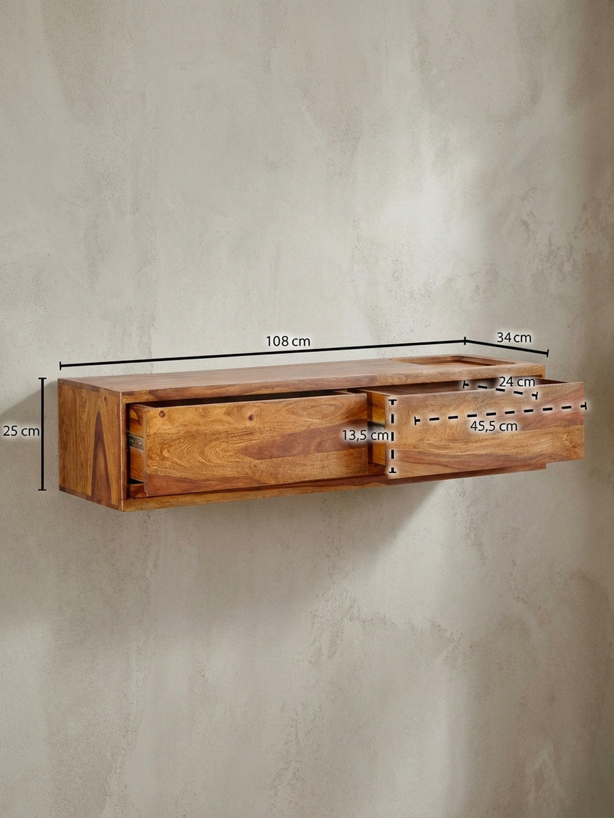 LOWBOARD Hängend Massivholz Modern Stil 108x25x34 cm Braun mit Stauraum - Braun, Holz (108/25/34cm) - KADIMA DESIGN