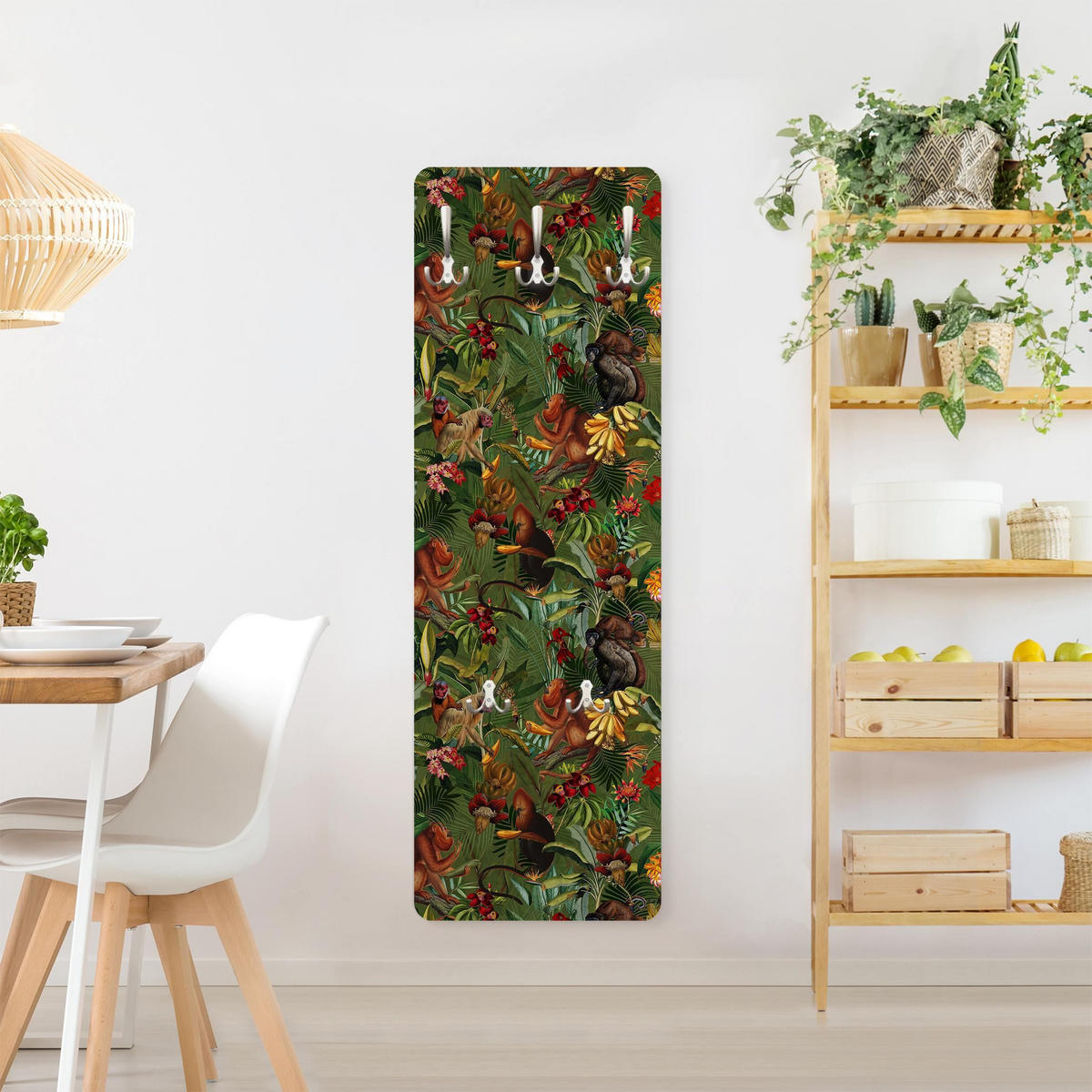 WANDGARDEROBE - Tropische Blumen mit Affen 34/105 cm - Grün, Holzwerkstoff (34/105/1.6cm) - Bilderwelten