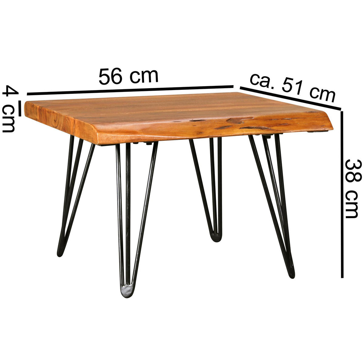 COUCHTISCH Massivholz Sheesham mit Baumkante und Haarnadelbeinen, Stil Natürlichkeit - Schwarz/Braun, Holz/Metall (51/56/38cm) - KADIMA DESIGN