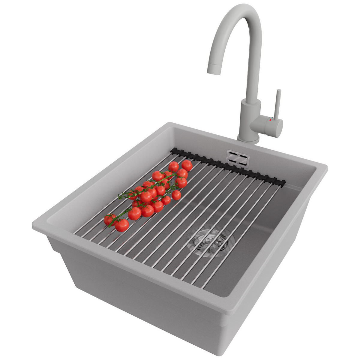 GRANITSPÜLE Praga Slim, 2-er set Grau 41/47 cm 1 Becken + Küchenarmatur 32/20 cm + Ablauf-Set + Aufrollbare Abtropffläche ab 45er Unterschrank - Chromfarben/Grau, Kunststoff (41/20/47cm) - Primagran