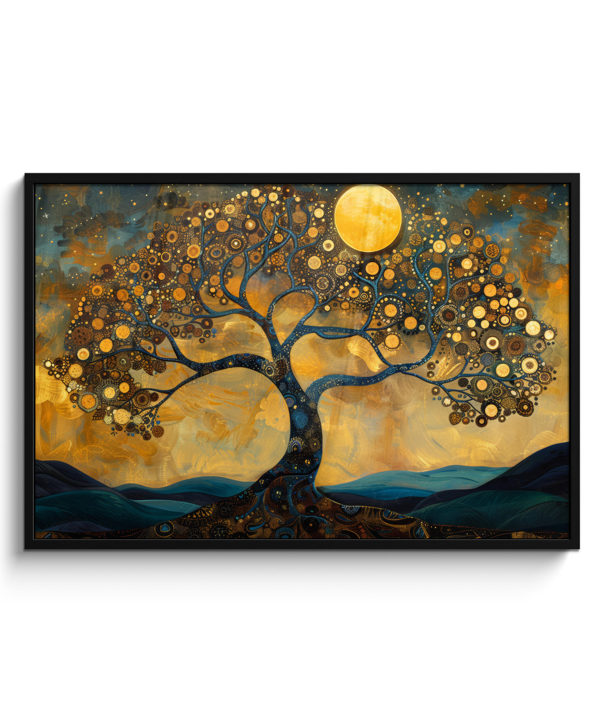 POSTER MIT RAHMENGERAHMTES BILD Baum - Mond - Blumen - Gold - Kunst 120x80 cm - Orange, Papier (120/80cm) - MuchoWow