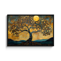 POSTER MIT RAHMENGERAHMTES BILD Baum - Mond - Blumen - Gold - Kunst 120x80 cm - Orange, Papier (120/80cm) - MuchoWow