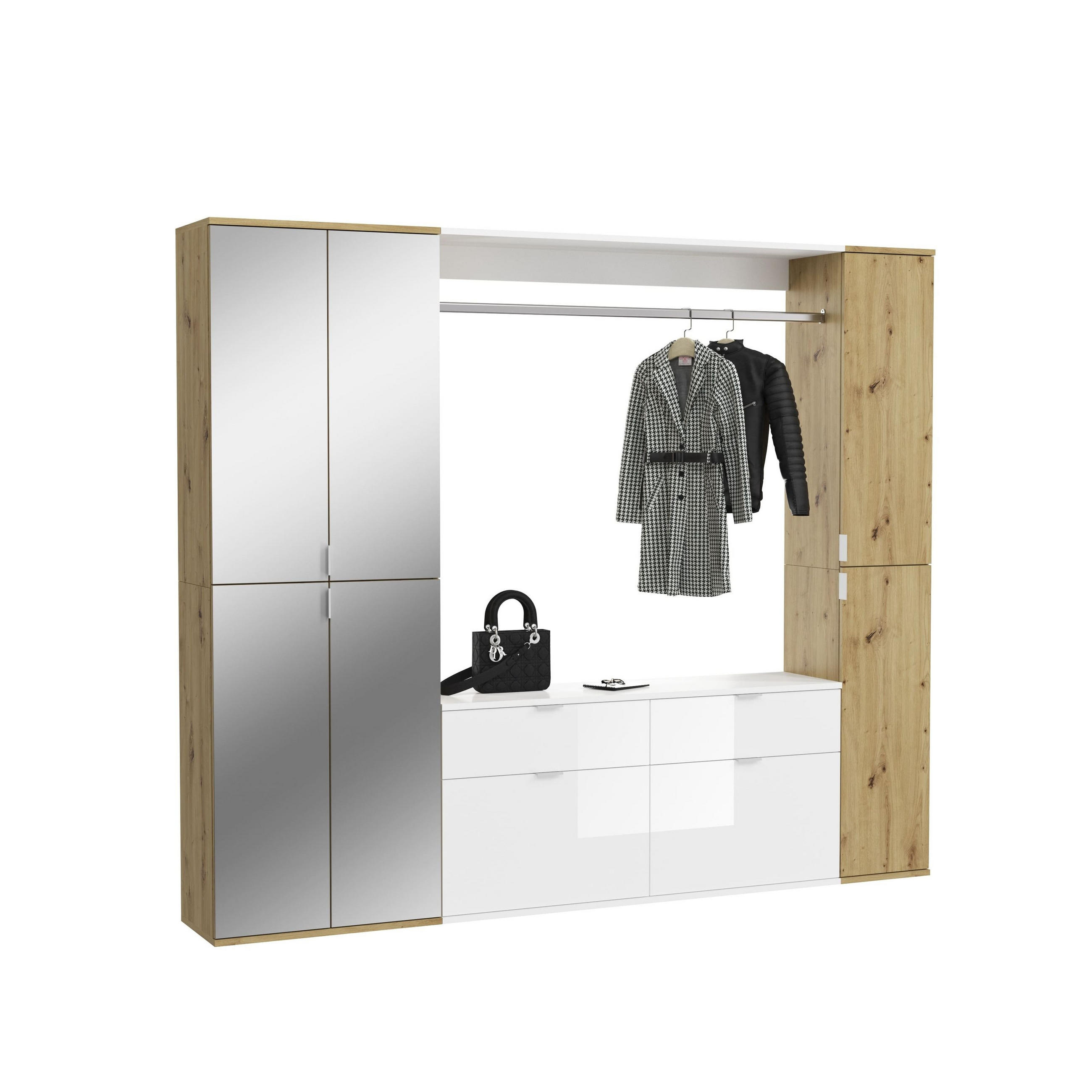 GARDEROBEN-SET PROJEKT X 3-tlg. (B/H/T: ca. 212/193/34 cm) in Artisan Eiche Nachbildung / Weiß/Artisan Eiche Nachbildung / Spiegelglas - Eiche Artisan, Holzwerkstoff (212/193/34cm)