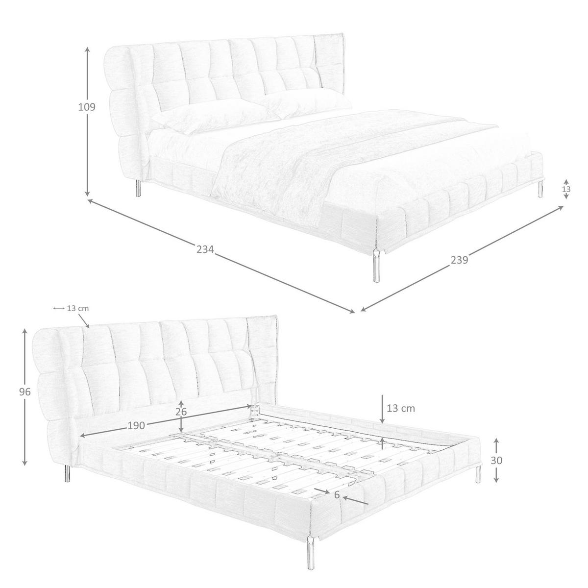 BETT Leicht bläulich-graues Stoffbett 239/234/109 cm - Blau/Edelstahlfarben, Holz/Textil (180/200cm) - ANGEL CERDA