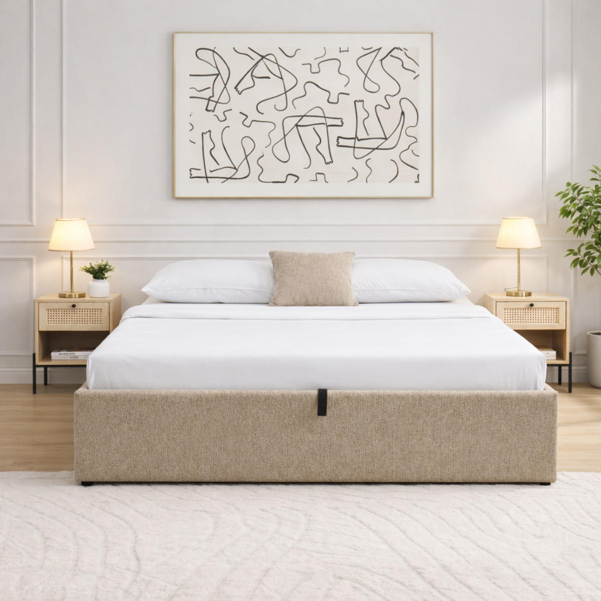 BETT mit Bettkasten 160 x 200 cm aus meliertem Stoff 170/36,50/214 cm - Braun, Holz (200/160cm) - Calicosy