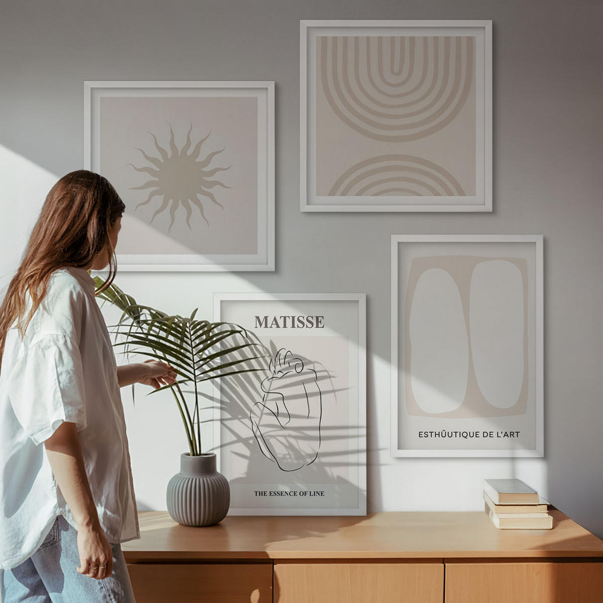 BILDER SET 4er Set - 50x50 cm & 40x60 cm Weißer Rahmen - Stilvolle minimalistische Linien - Weiß, Kunststoff (50/50cm) - TULUP