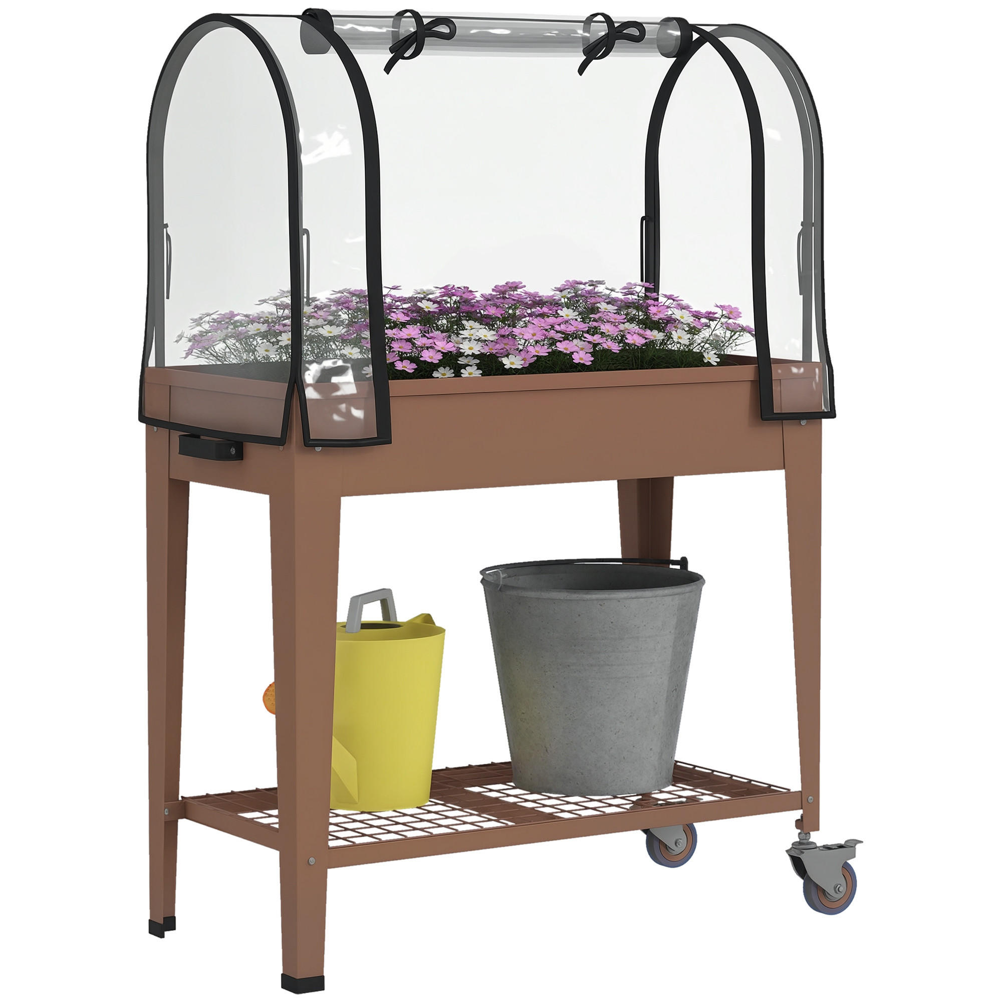 HOCHBEET DE-16036 mit transparenter Abdeckung & Rollen - Braun, Metall (80/120/40cm) - ComfortXL