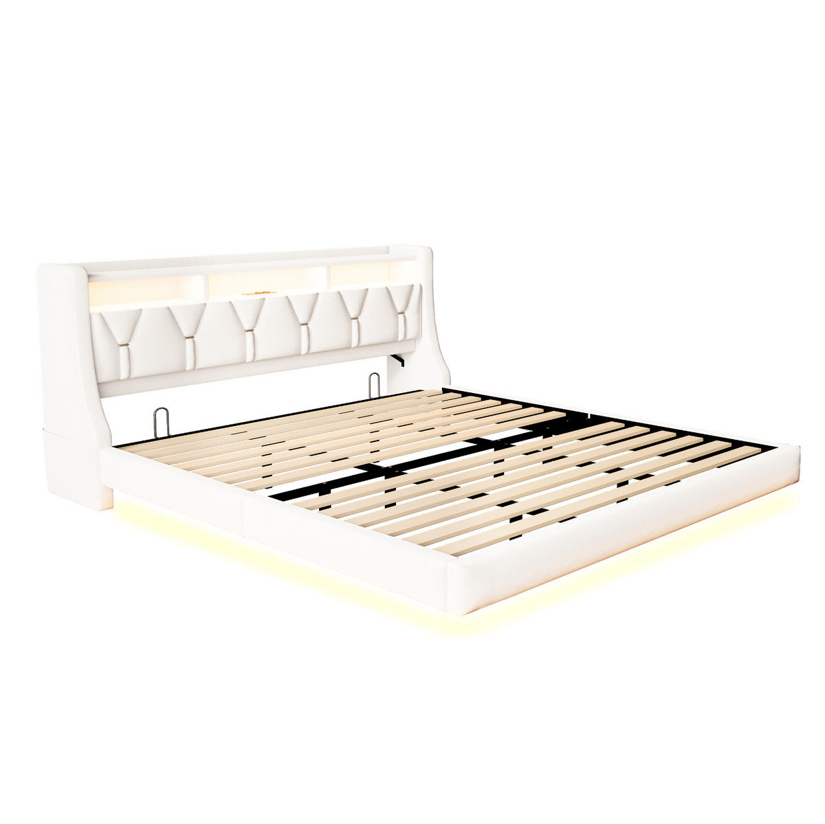 ČALOUNĚNÁ postel 180/200 cm béžová z sametu s LED osvětlením, USB a úložným čelem - béžová, textil (180/200cm) - OKWISH