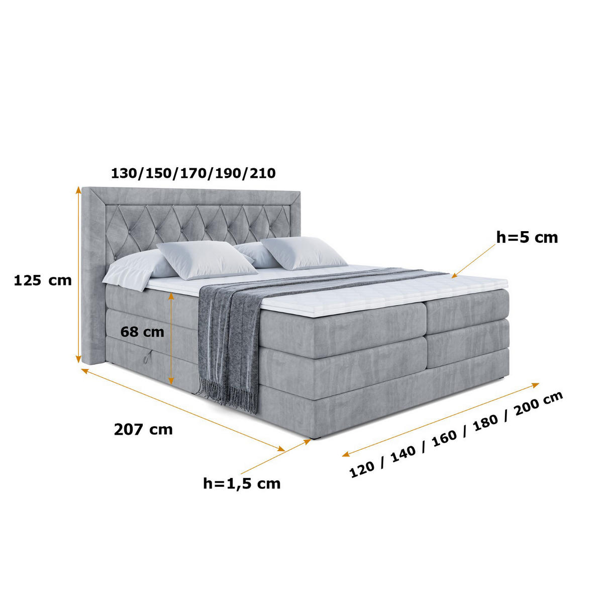 BOXSPRINGBETT NOEL KING - 160 x 200 - H3/H4 - Grau - Grau, Holzwerkstoff (160/200cm) - ALTDECOR