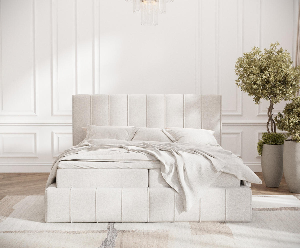 BOXBETT Moretti Hellbeige 160/200 cm mit Matratze und Topper - Beige/Schwarz, Holz/Holzwerkstoff (160/200cm) - Maison de Reve