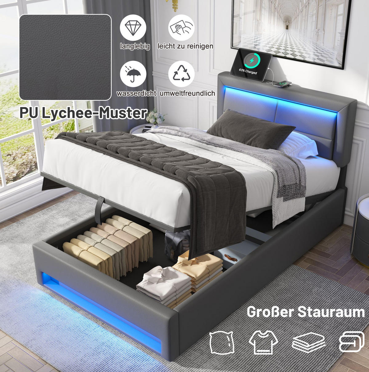 POLSTERBETT 90/200 cm Grau mit Stauraum, USB-Ladefunktion und LED-Beleuchtung - Grau, Kunststoff (90/200cm) - Flora Grace