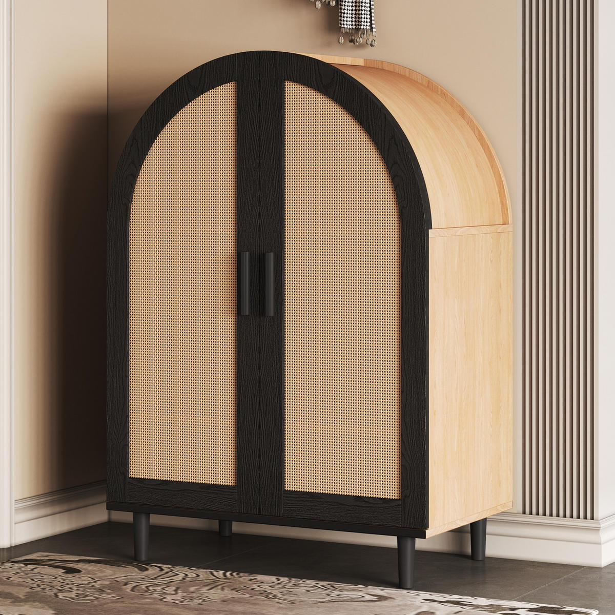 SCHUHSCHRANK Sideboard Schwarz Holzoptik 70x40x100 cm mit Rattantüren - Naturfarben, Holz (70/100/40cm) - PARAFTA HOME