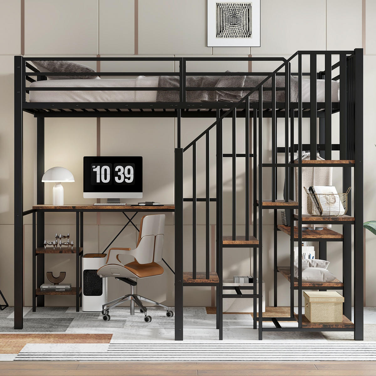 ETAGENBETT 120/200 cm Schwarz mit Eckleiterschrank und Tisch aus Eisen und MDF - Schwarz, Holzwerkstoff (120/200cm) - OKWISH