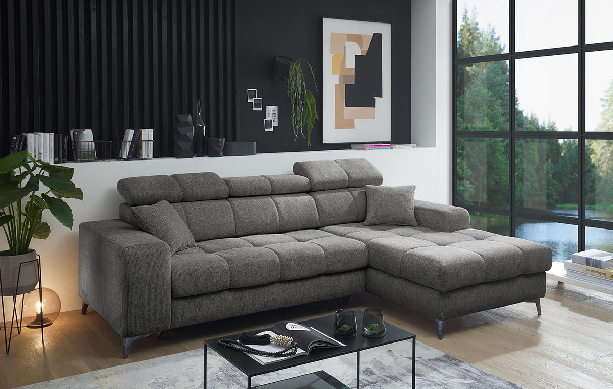 ECKSOFA mit Longchair - Kopfstütze verstellbar, Schlaffunktion, Bettkasten - Anthrazit/Schwarz, Kunststoff/Textil (268/172cm) - home24