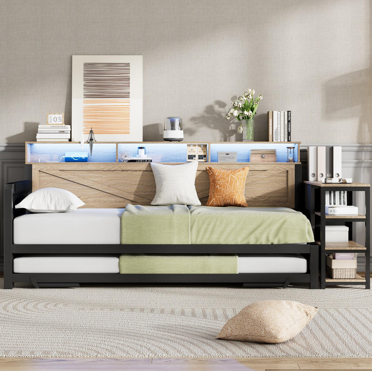 METALLBETT 90/200 cm mit Ausziehbett, Stauraum, LED und USB in Schwarz - Schwarz, Holzwerkstoff (90/200cm) - BEAOK