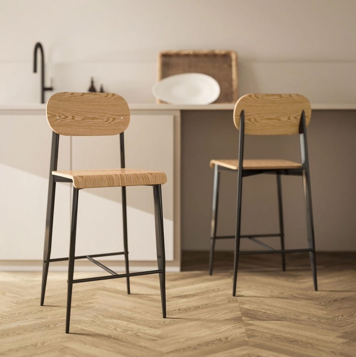 BARHOCKER Naturfarben mit Fußstütze, Sitzhöhe 66 cm - Naturfarben, Metall (43/103/55cm) - MIVRAY