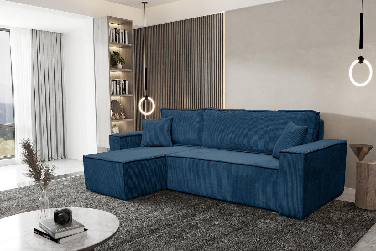 ECKSOFA Hugo L in L-Form mit Schlaffunktion und Bettkasten, Farbe: Blau, Cordstoff, Ottomane Unsiversal - Blau, Textil (244/145cm) - VENASI MÖBEL