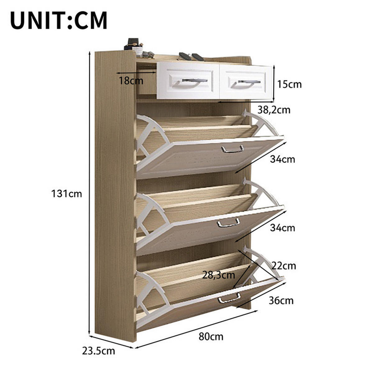 DREHBARES SCHUHSCHRANK 3 Klapptüren 2 Schubladen - Weiß, Holzwerkstoff (23.5/131/80cm) - Bomclap