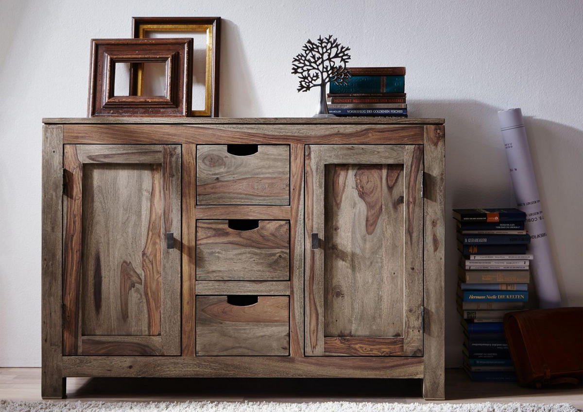 SIDEBOARD Sheesham 120x45x85 grau geölt NATURE GREY #83 - Grau, Holz (120/85/45cm) - Massivmoebel24