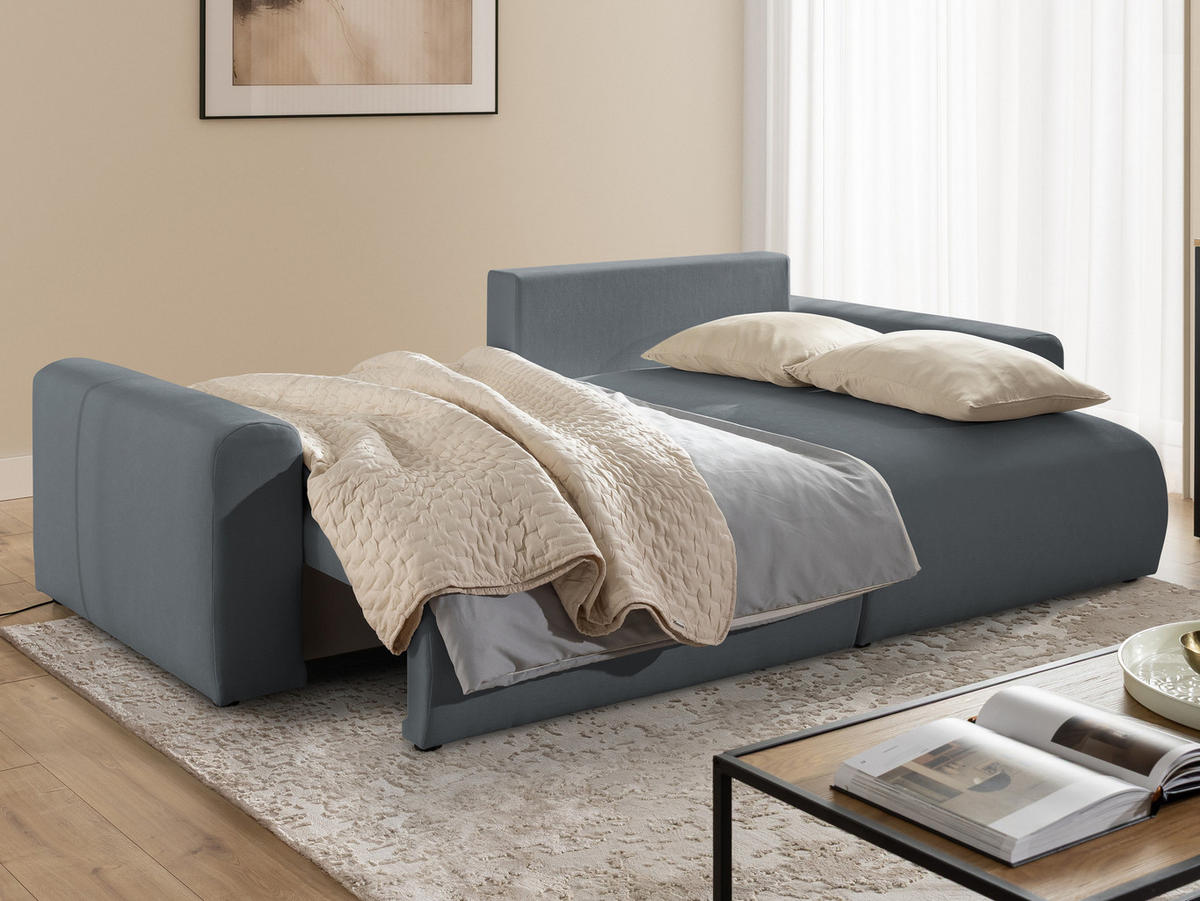 ECKSOFA Calma mit Schlaffunktion und Bettkasten im Bumpy-Design aus weichem Dunkelgrau Webstoff - Ottomane rechts - Dunkelgrau/Schwarz, Holz/Kunststoff (140/239cm) - S-Style