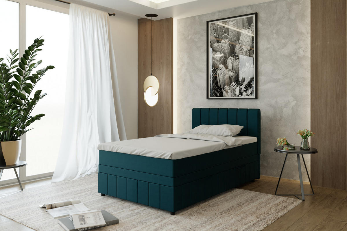 BOXBETT AVALON 120 x 200 cm mit Bettkasten und Topper - Türkis - Türkis, Holz - Panda Möbel