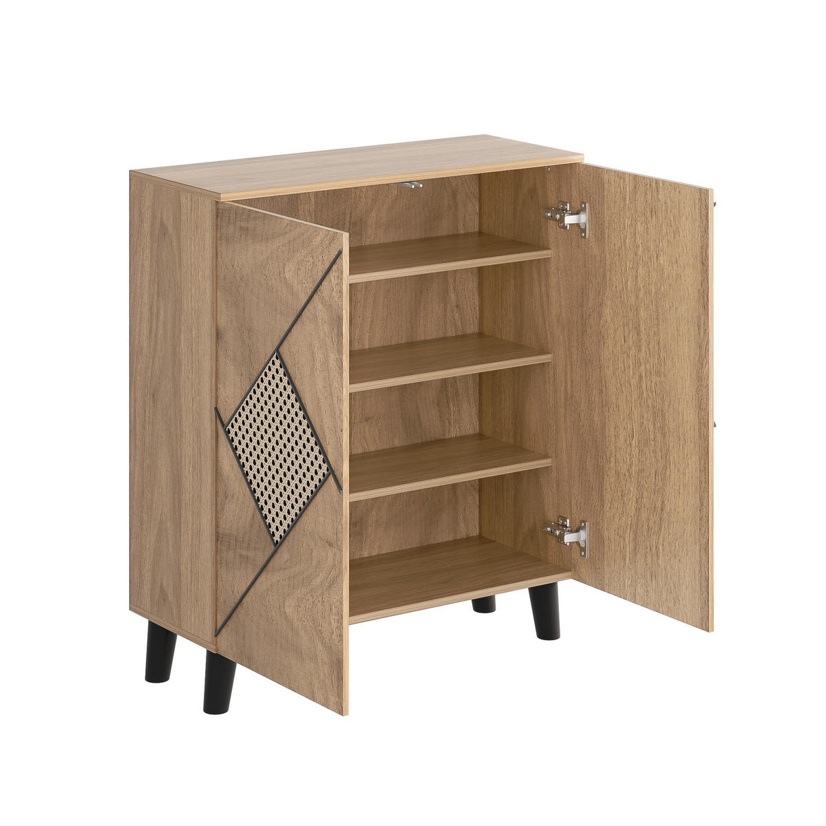 SCHUHSCHRANK in Naturfarben Schuhkommode mit Rattanmuster, 2 Türen und Ablagefläche für Eingangsbereich, B80/T32/H91cm - Schwarz/Naturfarben, Holzwerkstoff/Metall (80/91/32cm) - STILVORA