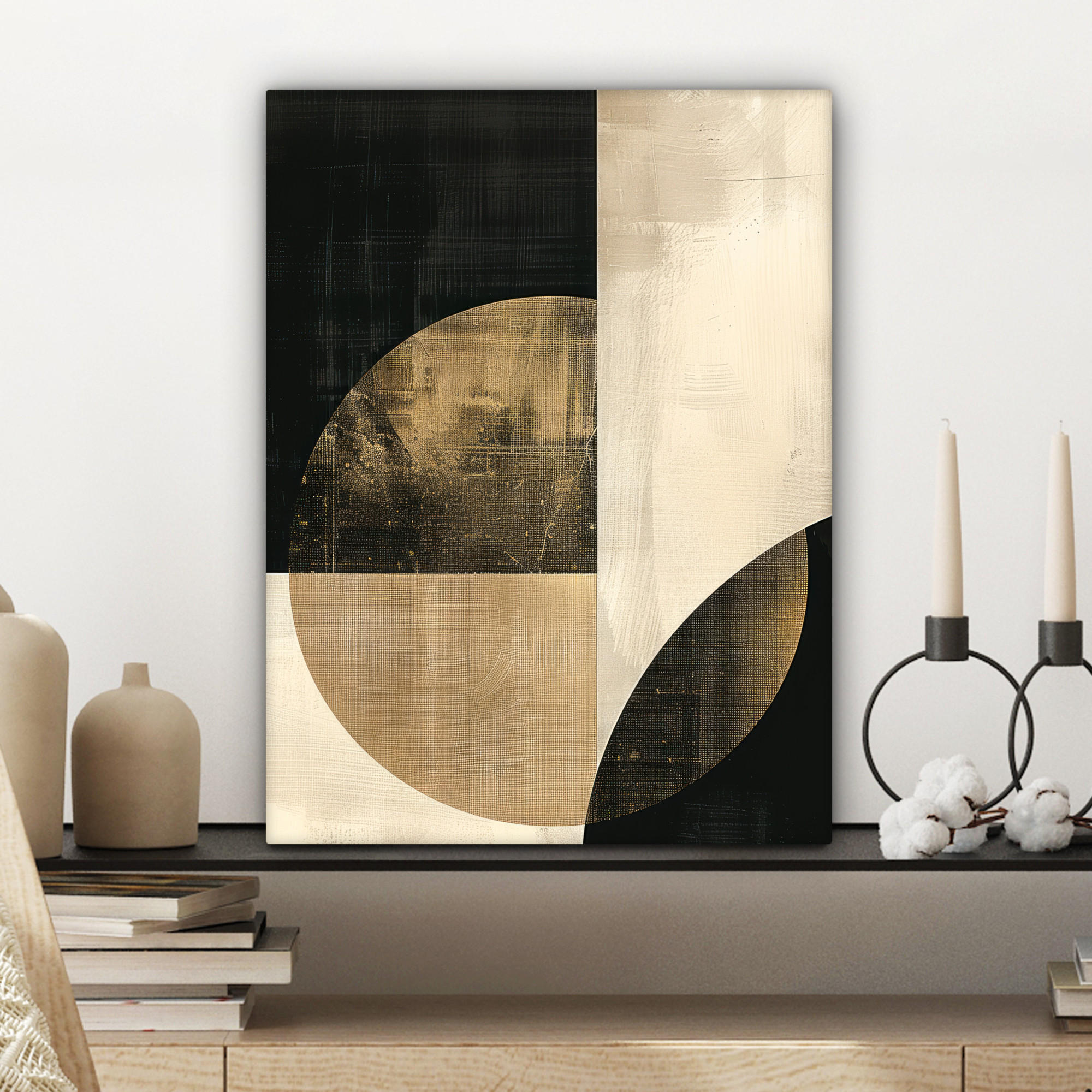 LEINWANDBILD Abstrakt - Geometrische Formen - Schwarz - Gold 30x40 cm - Ecru, Textil (30/40cm) - MuchoWow