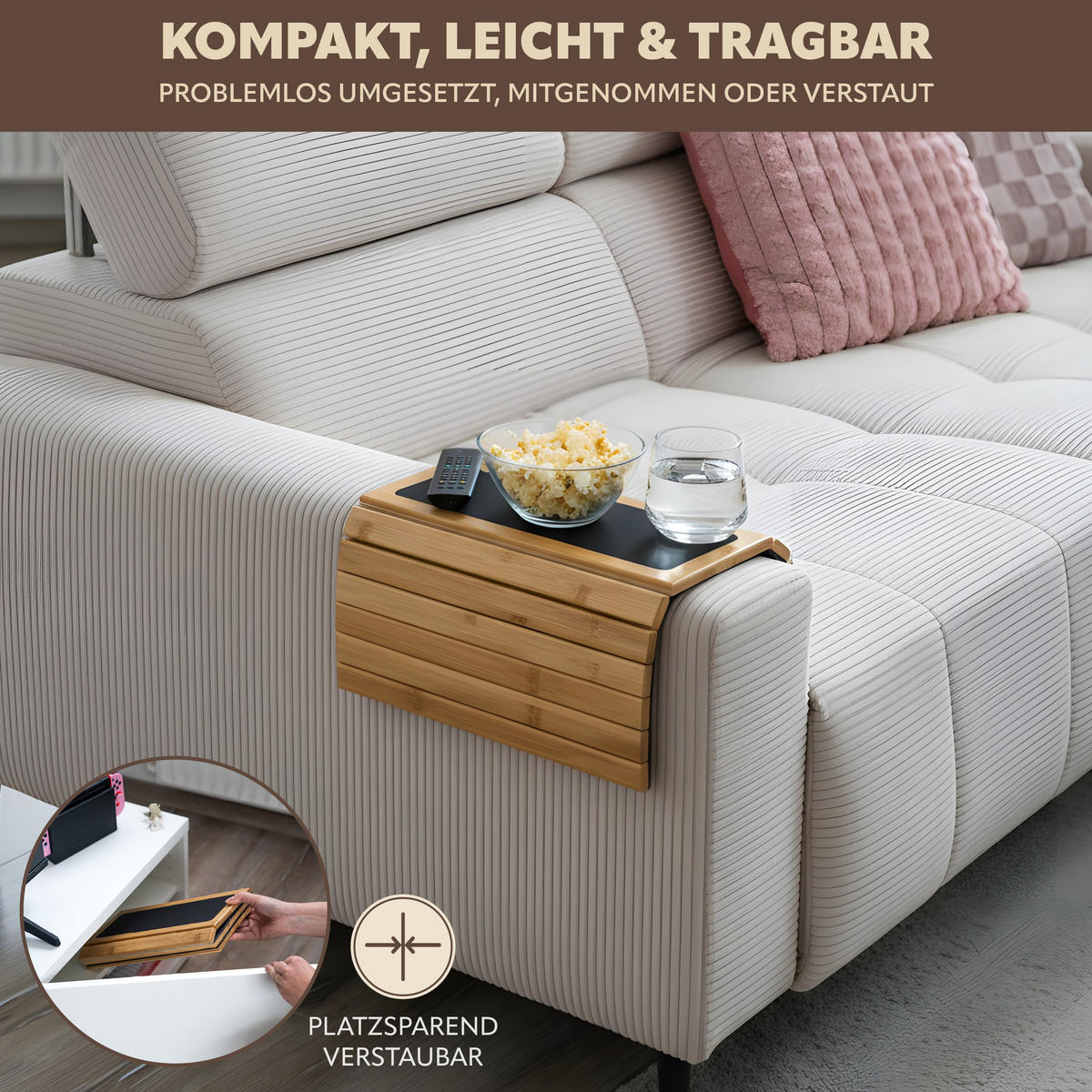 ARMLEHNEN-SOFATABLETT mit rutschfester Silikonablage, Bambus - Naturfarben, Naturmaterialien (47/1/34cm) - eluno