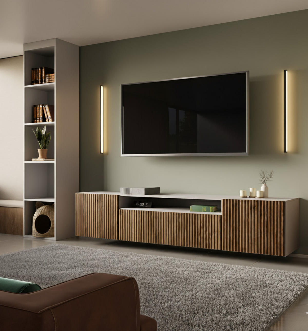 LOWBOARD Noa, Hängender TV-Schrank mit Push-to-Open System, weiß+eiche Catania - Eichefarben/Weiß, Holzwerkstoff (200/41/40cm) - AN-Moebel 4u