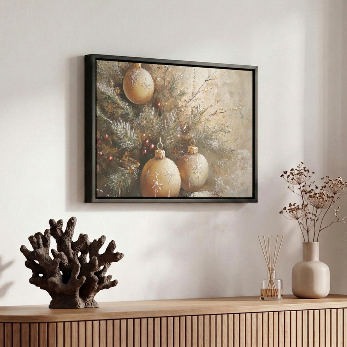 LEINWAND Bilder mit Rahmen - Weihnachten - Kugeln - Beige - Gold - 30x20 - Goldfarben, Textil (30/20cm) - MuchoWow
