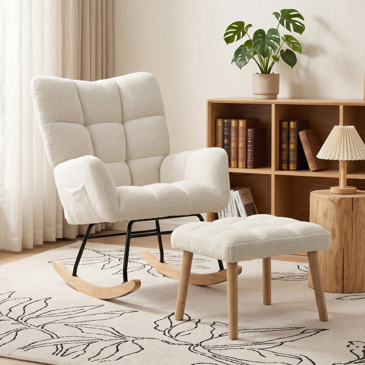 SCHAUKELSTUHL Sherpa Fußstütze Seitentaschen Creme - Creme, Textil (97/100/72cm) - Vallsero