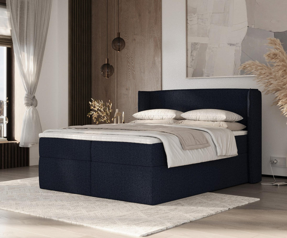 BOXBETT Viva 140/200 cm Marineblau im Riva Stoff - Schwarz/Dunkelblau, Holz/Holzwerkstoff (140/200cm) - AltaBeds