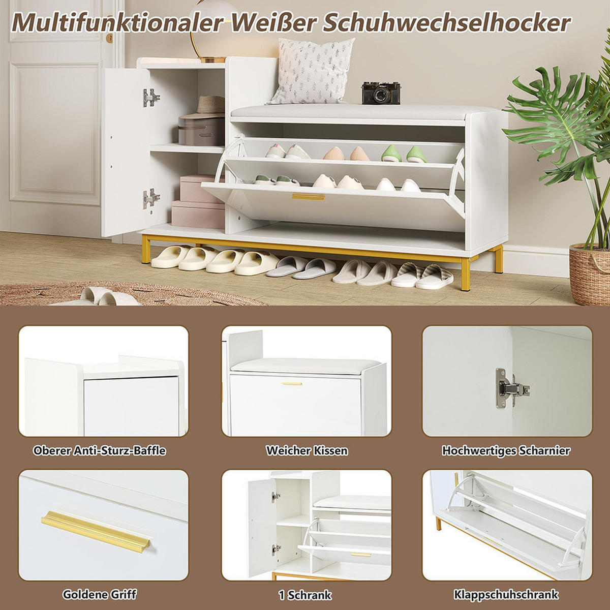 SCHUHBANK in 100x38x68cm mit 2 Fächern 1 Schrank,Weiß + Gold - Weiß, Holzwerkstoff (38/68/100cm) - KOMHTOM