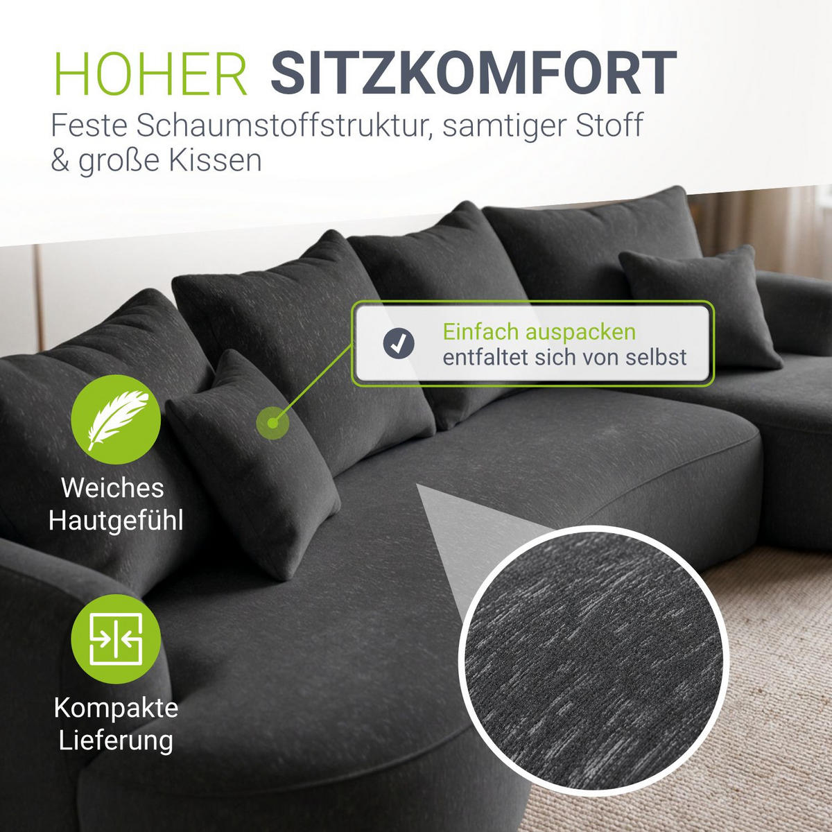 SOFA Tirano Samt Dunkelgrau mit Ottomane rechts - Dunkelgrau, Textil (300/102cm) - Juskys