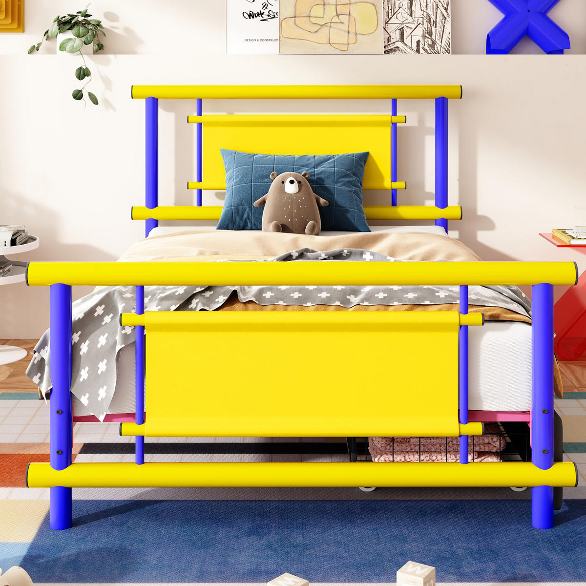 METALLBETT 90/200 cm Blau mit 2 Schubladen - Blau, Metall (90/200cm) - Oxeza