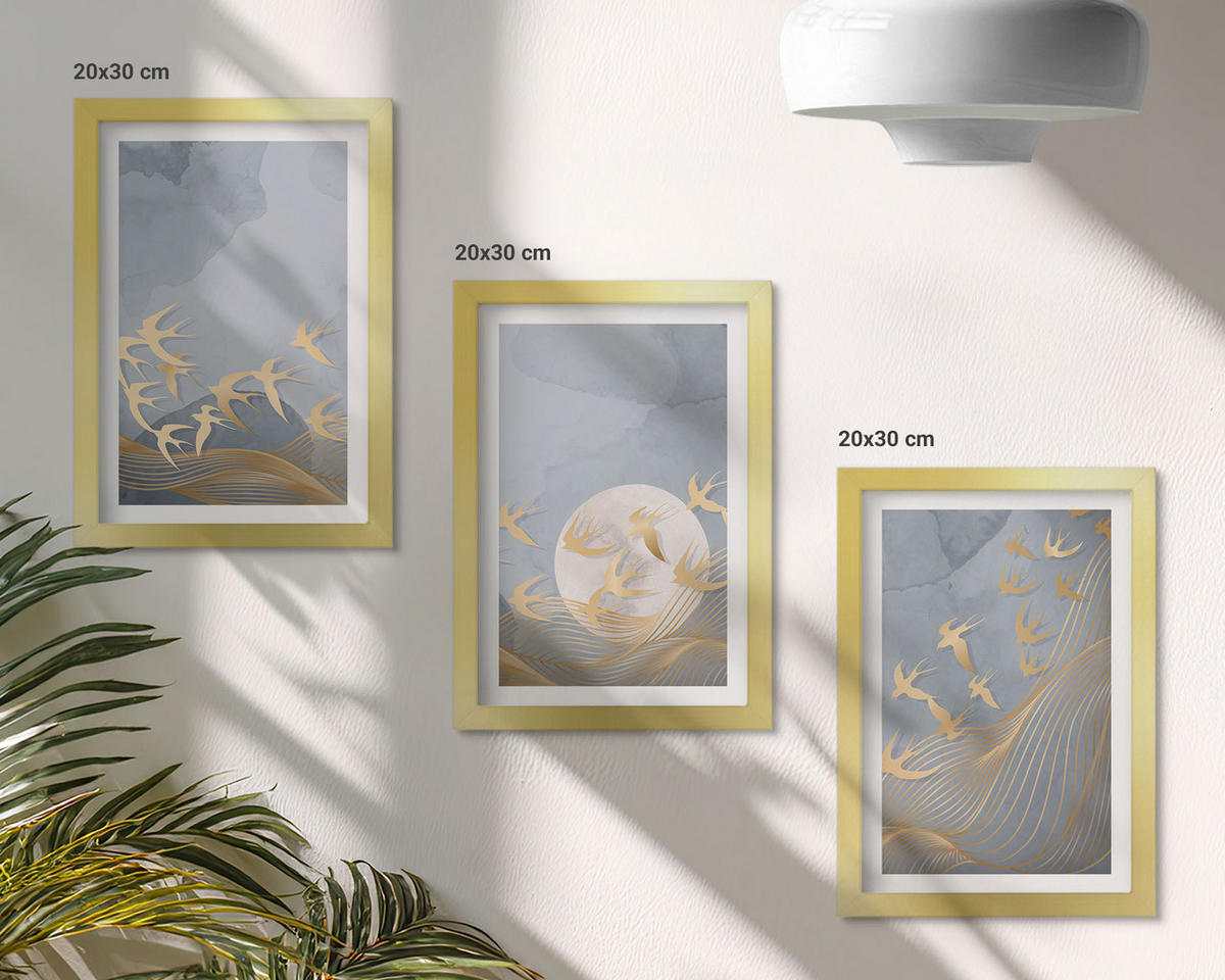 BILDER SET 3er Set - 20x30 cm Goldrahmen - Vögel, die am Himmel fliegen - Goldfarben, Kunststoff (20/30cm) - TULUP
