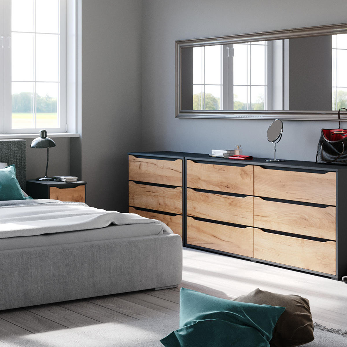 KOMMODE Ruben Goldkraft Eiche 80 x 77.6 cm mit Schubladen - Anthrazit/Eiche Wotan, Holzwerkstoff (48/77.6/80cm) - Vicco
