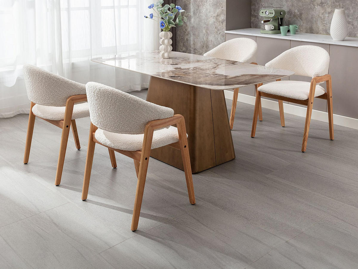 STUHL mit Armlehnen 6er-Set - Bouclé-Stoff & Kautschukholz - Weiß - SOLUNA - Weiß/Naturfarben, Textil (53.5/82/56cm) - Vente-Unique