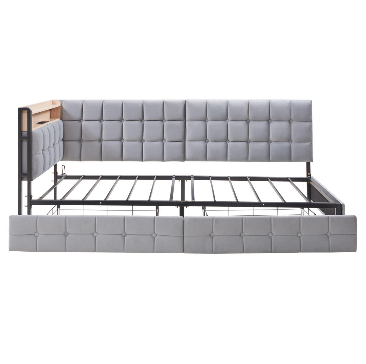 ČALÚNENÉ posteľné sofa z látky 90x200 cm sivé s LED osvetlením, USB, Type-C a 2 zásuvkami - sivá, textil (90/200cm) - Modfu
