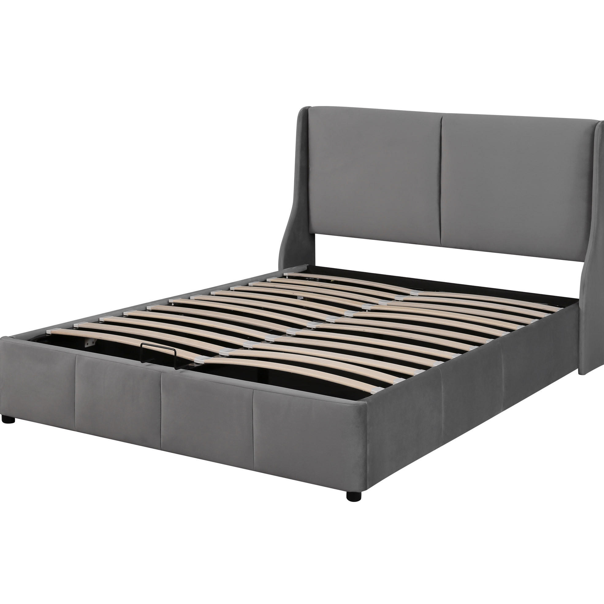 Modfu ČALOUNĚNÁ postel z sametu 140x190 cm šedá s hydraulickým úložným prostorem a čelem ve tvaru uší