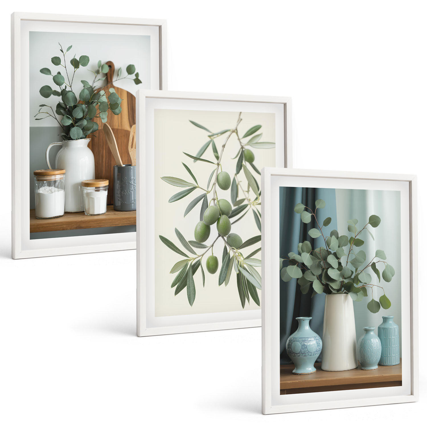 BILDER SET 3er Set - 40x60 cm Weißer Rahmen - Grüne Oliven, Eukalyptus - Weiß, Kunststoff (40/60cm) - TULUP
