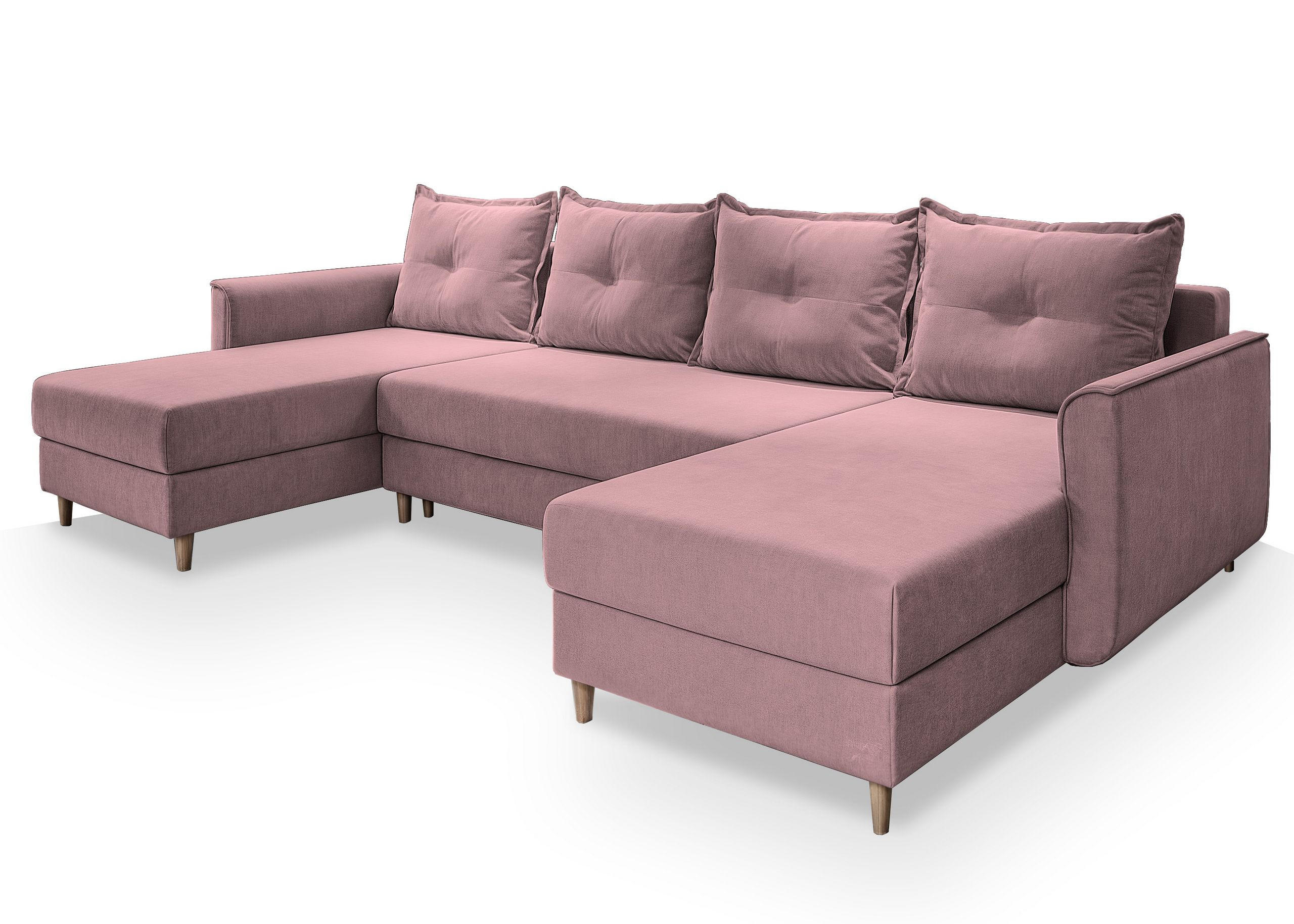 WOHNLANDSCHAFT VERNI Rosa Plüsch-Stoff mit Schlaffunktion - Rosa, Holz (285/91/143cm) - MASSENO