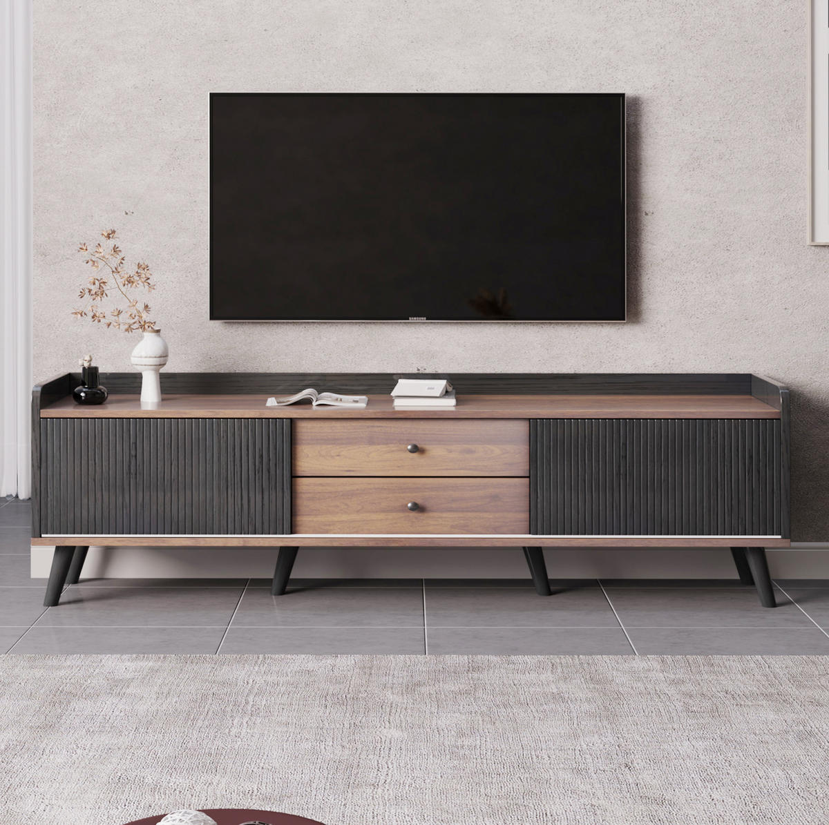 TV-SCHRANK mit zwei Schubladen, Schwarz und Holz 160/40/58 cm - Schwarz, Holzwerkstoff (160/58/40cm) - Redom
